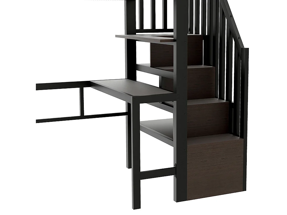 Lit mezzanine avec bureau et LED - 90x200 cm - Structure en fer - Compartiments de rangement - Barrières de sécurité - Noir