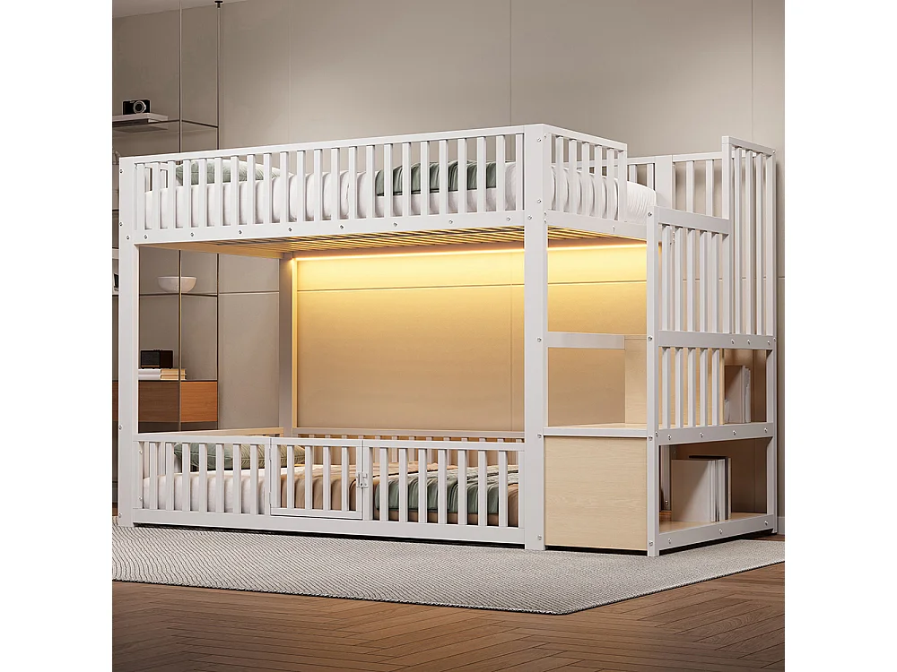 Lit mezzanine 90x200 cm, Lit superposé enfant avec escalier de rangement, Lumières LED, Protection anti-chute et porte, Métal, Blanc