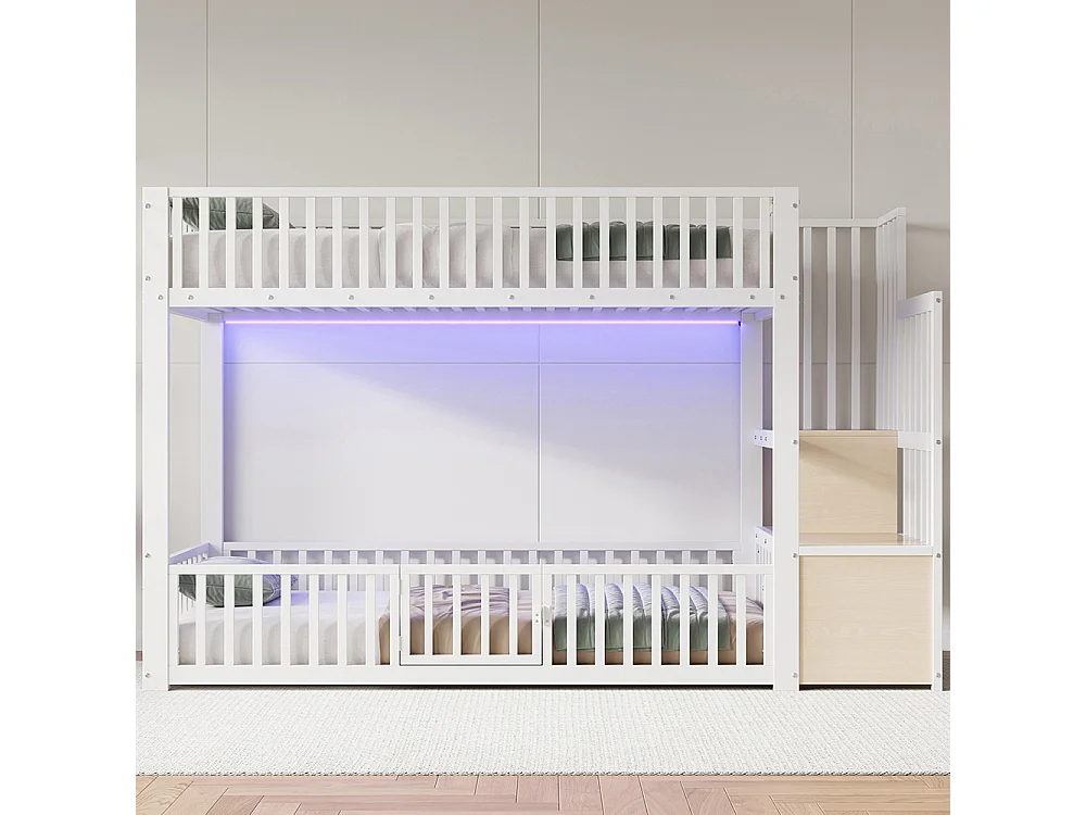 Lit mezzanine 90x200 cm, Lit superposé enfant avec escalier de rangement, Lumières LED, Protection anti-chute et porte, Métal, Blanc