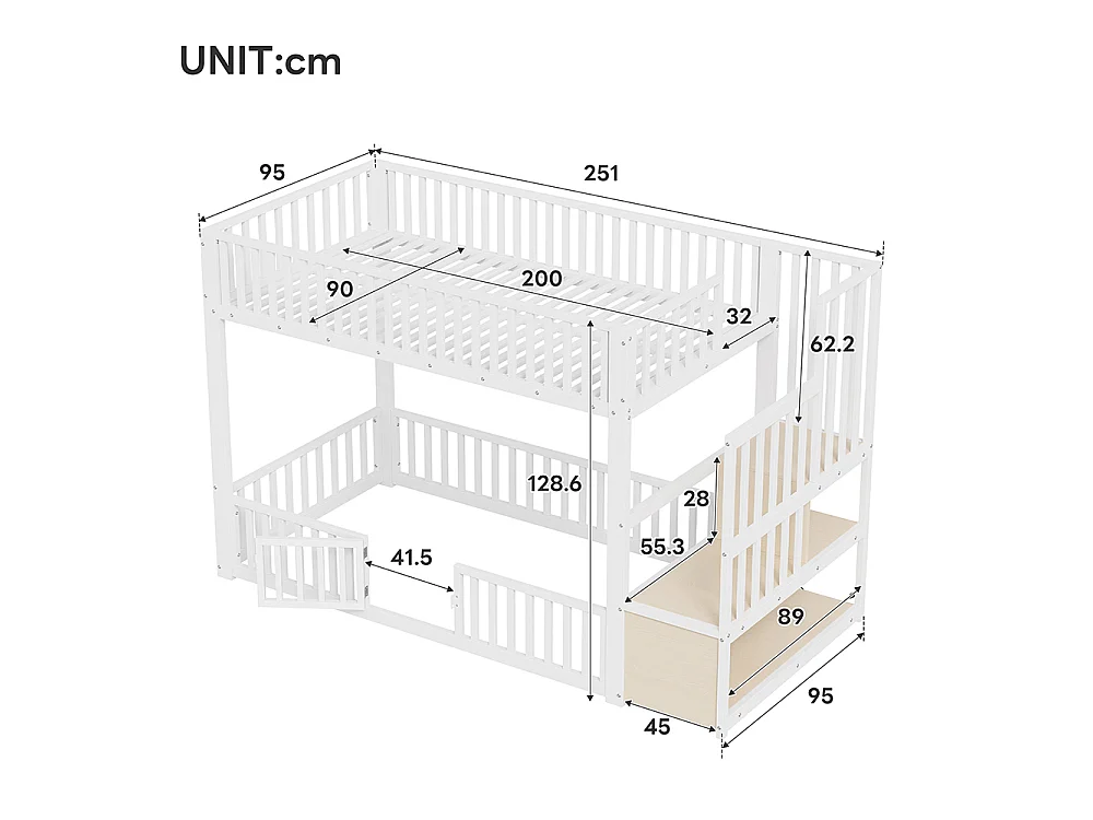Lit mezzanine 90x200 cm, Lit superposé enfant avec escalier de rangement, Lumières LED, Protection anti-chute et porte, Métal, Blanc