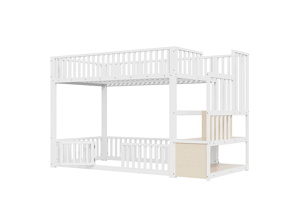 Lit mezzanine 90x200 cm, Lit superposé enfant avec escalier de rangement, Lumières LED, Protection anti-chute et porte, Métal, Blanc
