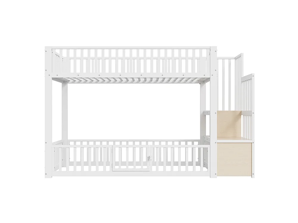 Lit mezzanine 90x200 cm, Lit superposé enfant avec escalier de rangement, Lumières LED, Protection anti-chute et porte, Métal, Blanc
