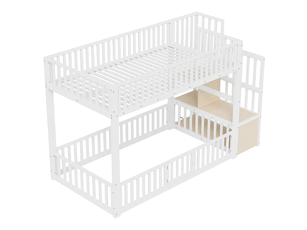 Lit mezzanine 90x200 cm, Lit superposé enfant avec escalier de rangement, Lumières LED, Protection anti-chute et porte, Métal, Blanc