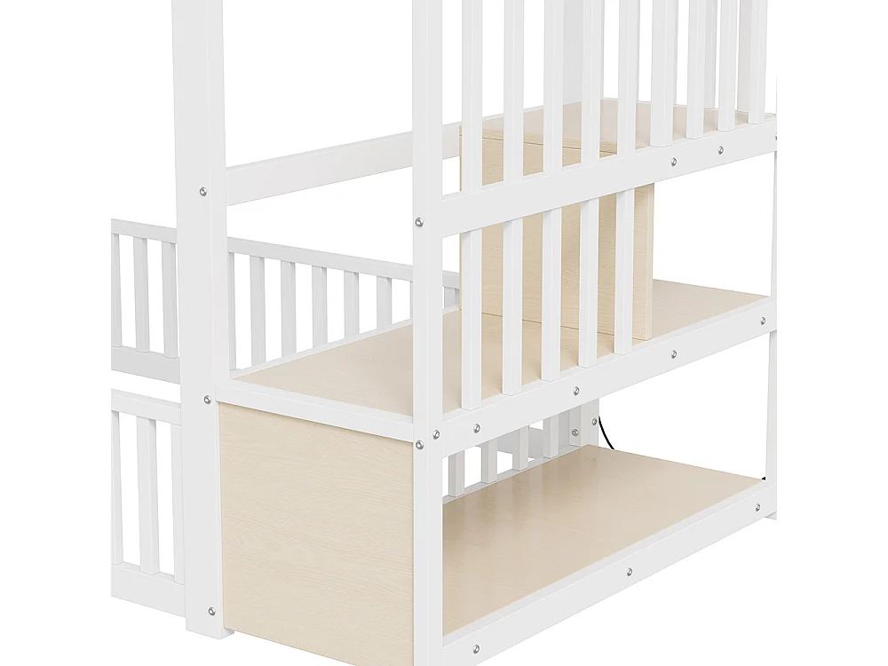 Lit mezzanine 90x200 cm, Lit superposé enfant avec escalier de rangement, Lumières LED, Protection anti-chute et porte, Métal, Blanc