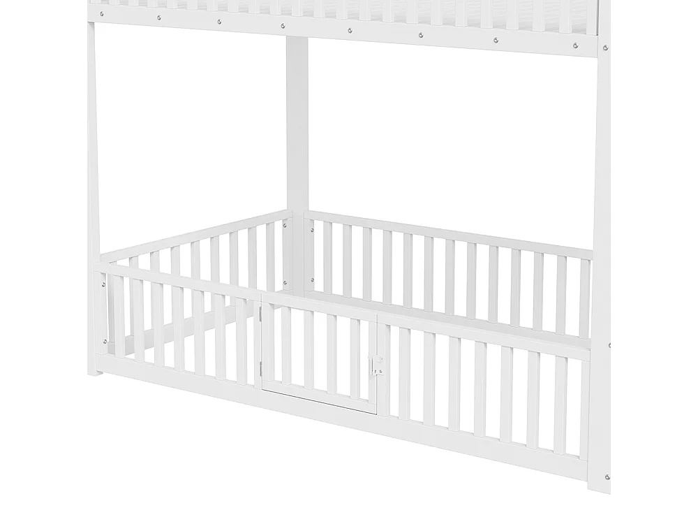 Lit mezzanine 90x200 cm, Lit superposé enfant avec escalier de rangement, Lumières LED, Protection anti-chute et porte, Métal, Blanc