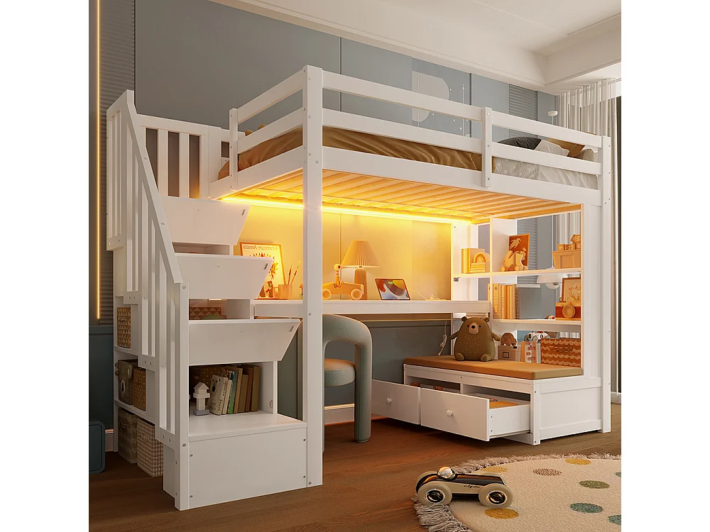 Lit mezzanine 90 x 200 cm avec bureau et étagères, deux tiroirs, escalier avec rangements, éclairage LED, sommier à lattes, blanc