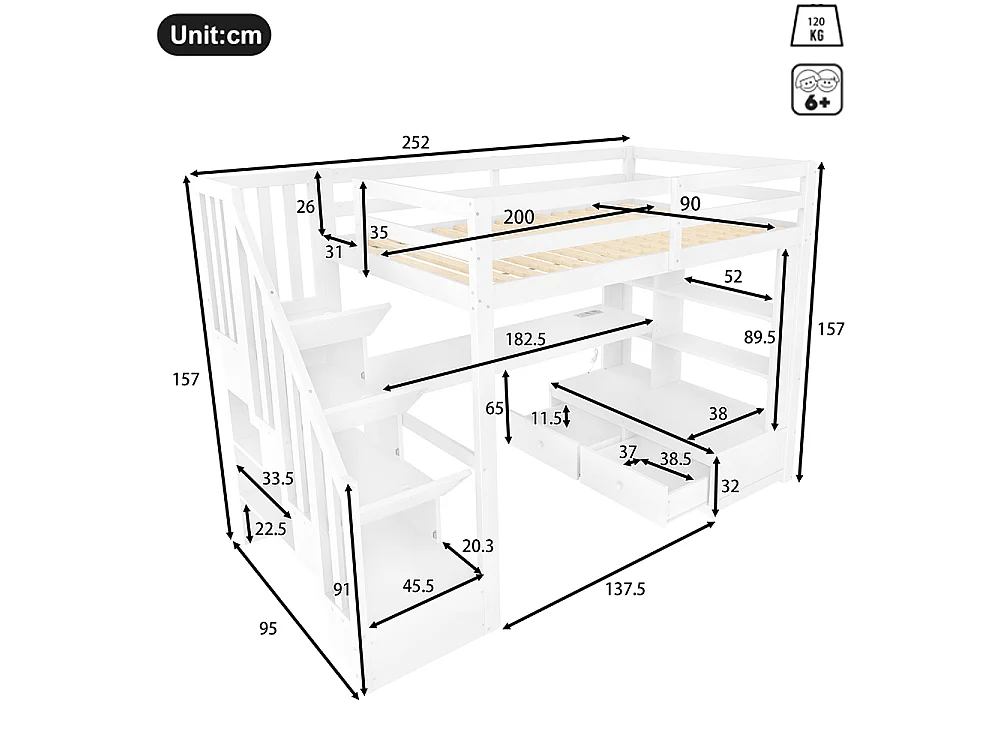 Lit mezzanine 90 x 200 cm avec bureau et étagères, deux tiroirs, escalier avec rangements, éclairage LED, sommier à lattes, blanc