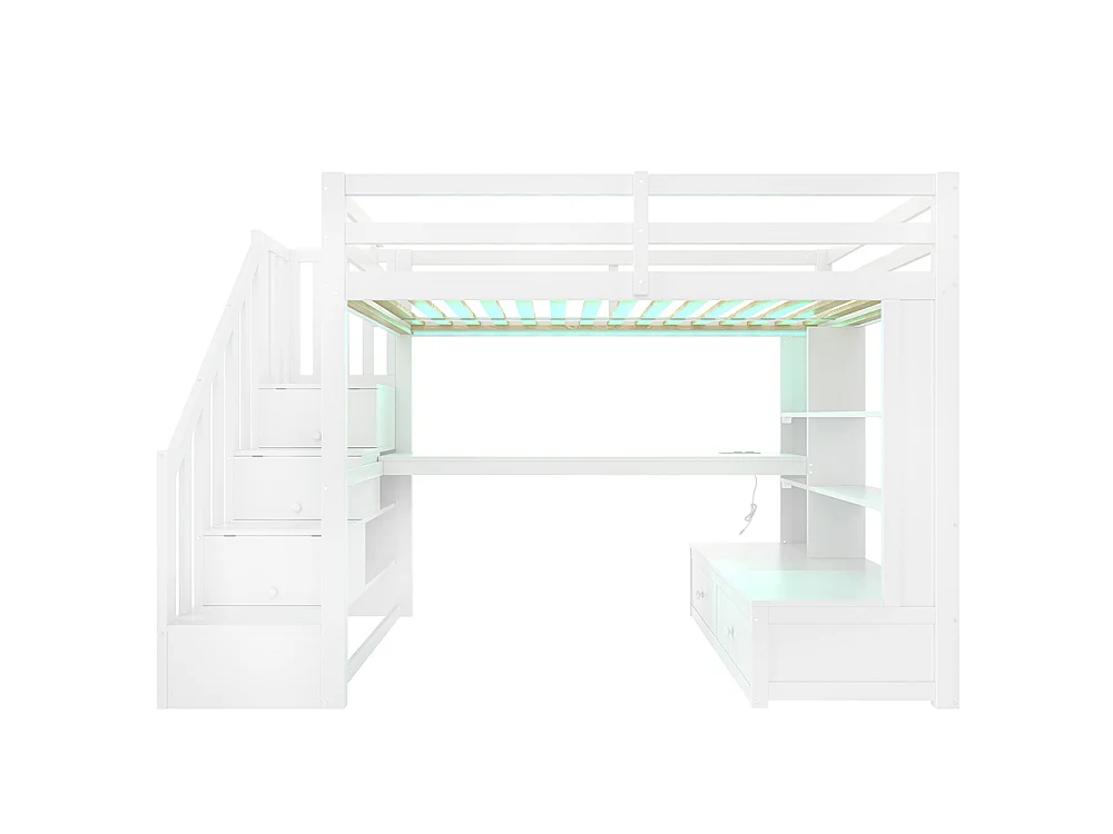 Lit mezzanine 90 x 200 cm avec bureau et étagères, deux tiroirs, escalier avec rangements, éclairage LED, sommier à lattes, blanc