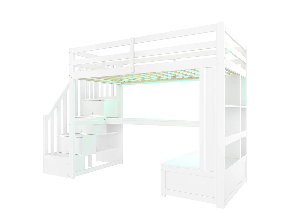 Lit mezzanine 90 x 200 cm avec bureau et étagères, deux tiroirs, escalier avec rangements, éclairage LED, sommier à lattes, blanc