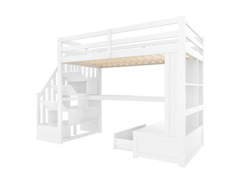 Lit mezzanine 90 x 200 cm avec bureau et étagères, deux tiroirs, escalier avec rangements, éclairage LED, sommier à lattes, blanc