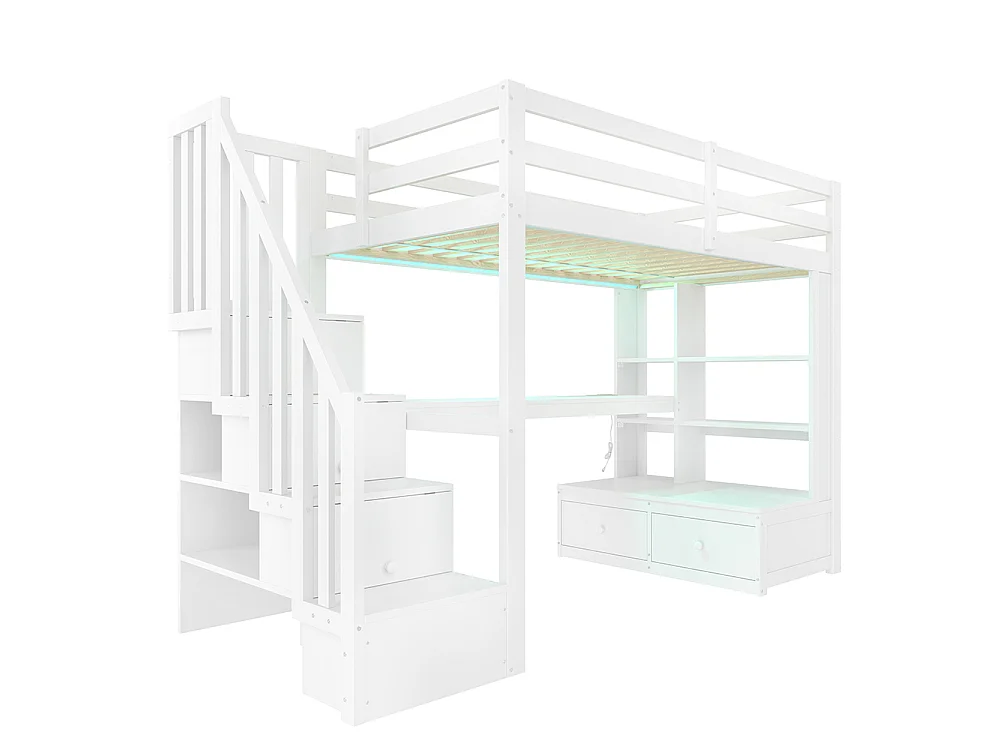 Lit mezzanine 90 x 200 cm avec bureau et étagères, deux tiroirs, escalier avec rangements, éclairage LED, sommier à lattes, blanc