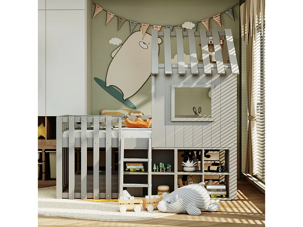 Lit mezzanine cabane 90x200 cm enfant - toit et fenêtres - espace de rangement ouvert - échelle d'escalade - bois massif de pin - gris