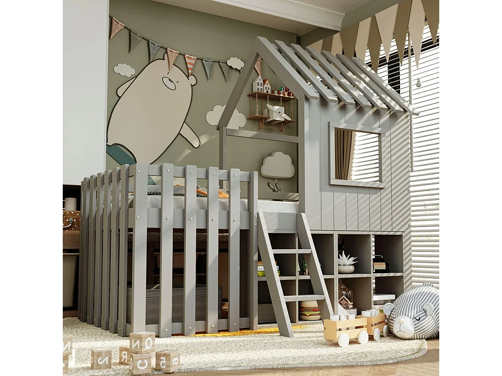Lit mezzanine cabane 90x200 cm enfant - toit et fenêtres - espace de rangement ouvert - échelle d'escalade - bois massif de pin - gris