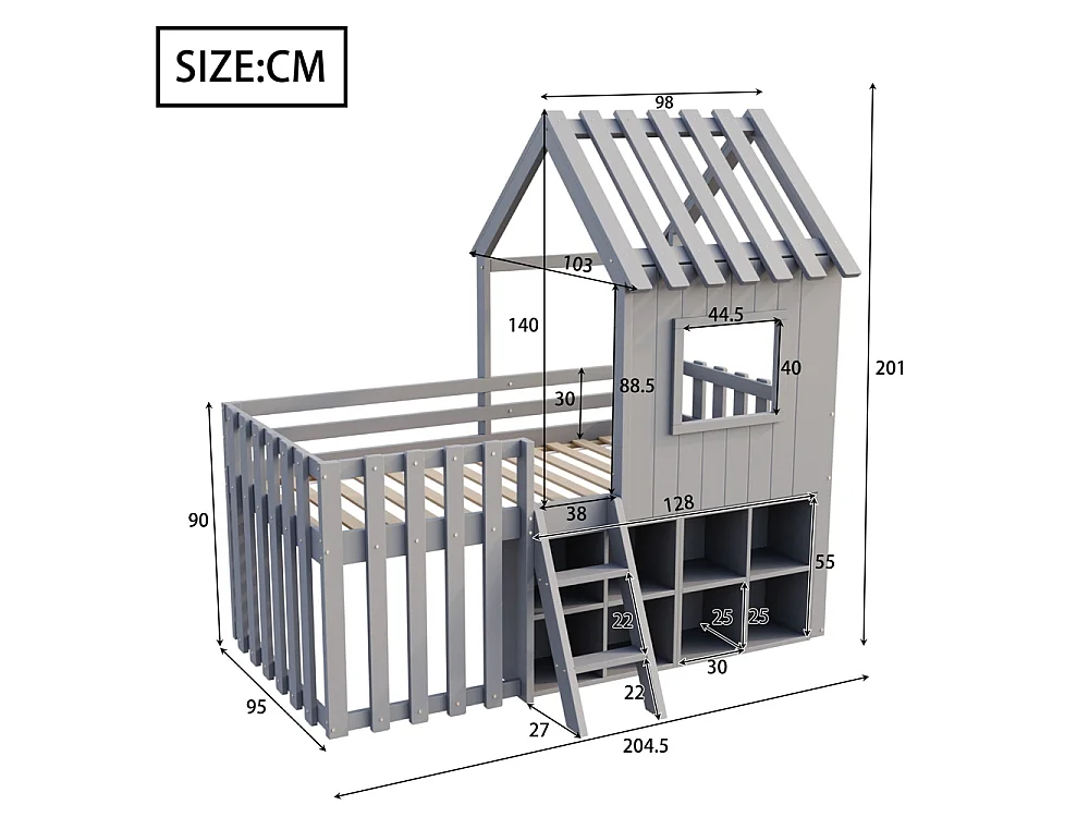Lit mezzanine cabane 90x200 cm enfant - toit et fenêtres - espace de rangement ouvert - échelle d'escalade - bois massif de pin - gris
