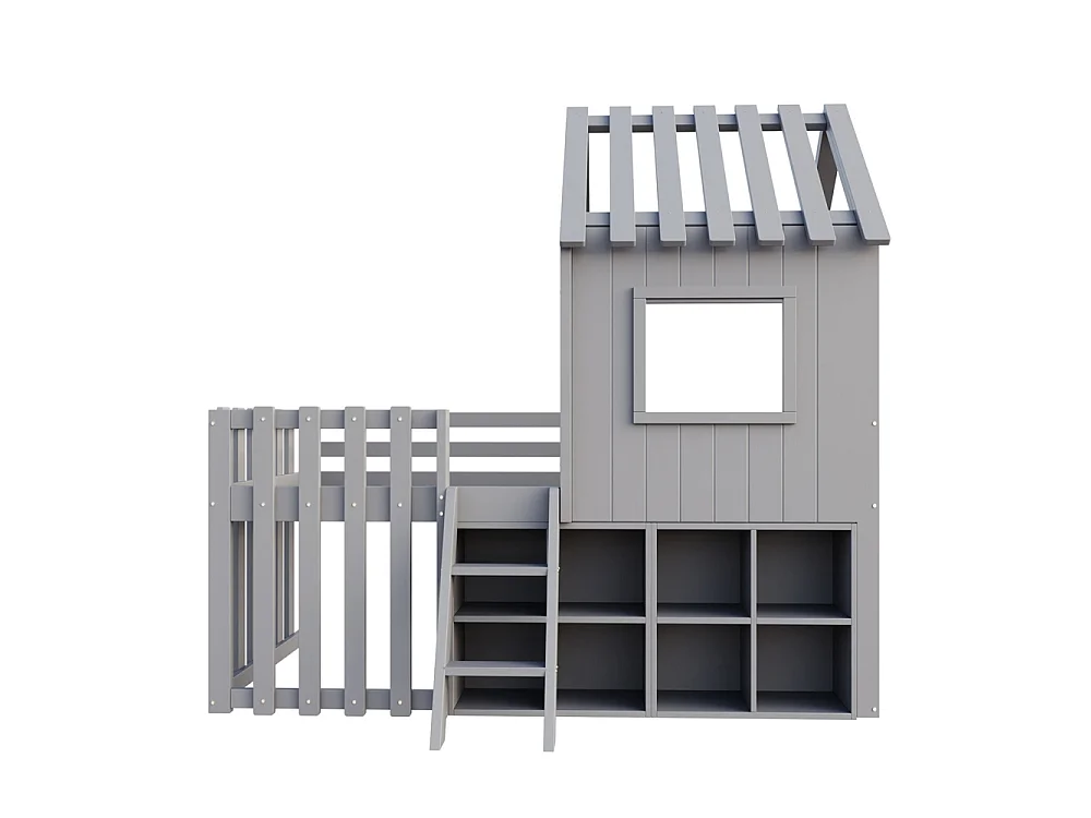 Lit mezzanine cabane 90x200 cm enfant - toit et fenêtres - espace de rangement ouvert - échelle d'escalade - bois massif de pin - gris