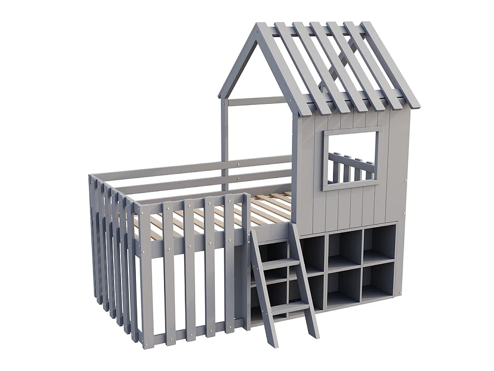Lit mezzanine cabane 90x200 cm enfant - toit et fenêtres - espace de rangement ouvert - échelle d'escalade - bois massif de pin - gris