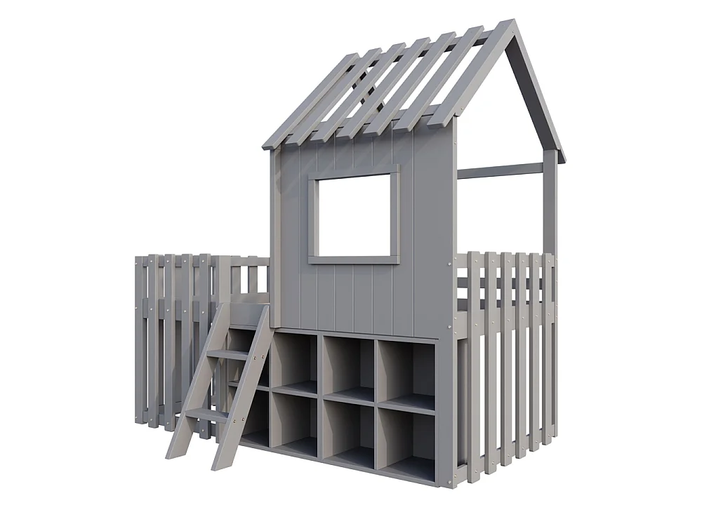 Lit mezzanine cabane 90x200 cm enfant - toit et fenêtres - espace de rangement ouvert - échelle d'escalade - bois massif de pin - gris