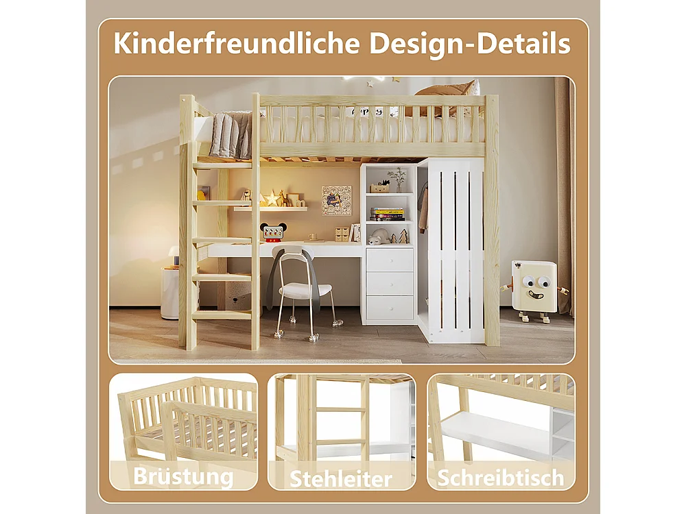Lit Mezzanine 1 Place 90x200cm avec Bureau, Armoire, 3 tiroirs et rangement ouvert, Design de clôture haute, Cadre de lit en pin, Naturel