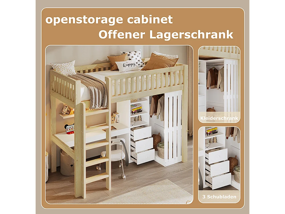 Lit Mezzanine 1 Place 90x200cm avec Bureau, Armoire, 3 tiroirs et rangement ouvert, Design de clôture haute, Cadre de lit en pin, Naturel