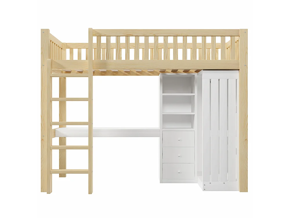 Lit Mezzanine 1 Place 90x200cm avec Bureau, Armoire, 3 tiroirs et rangement ouvert, Design de clôture haute, Cadre de lit en pin, Naturel