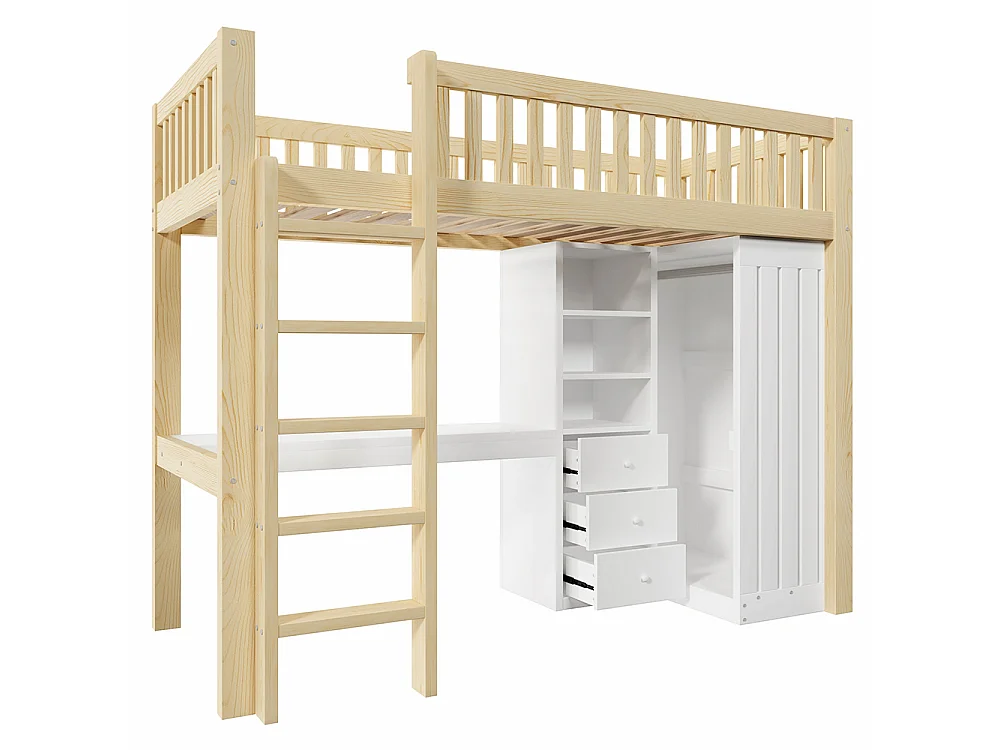 Lit Mezzanine 1 Place 90x200cm avec Bureau, Armoire, 3 tiroirs et rangement ouvert, Design de clôture haute, Cadre de lit en pin, Naturel