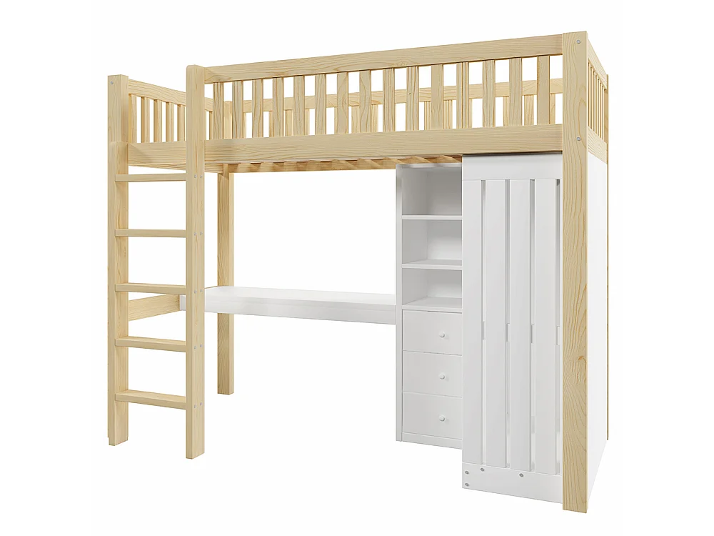 Lit Mezzanine 1 Place 90x200cm avec Bureau, Armoire, 3 tiroirs et rangement ouvert, Design de clôture haute, Cadre de lit en pin, Naturel