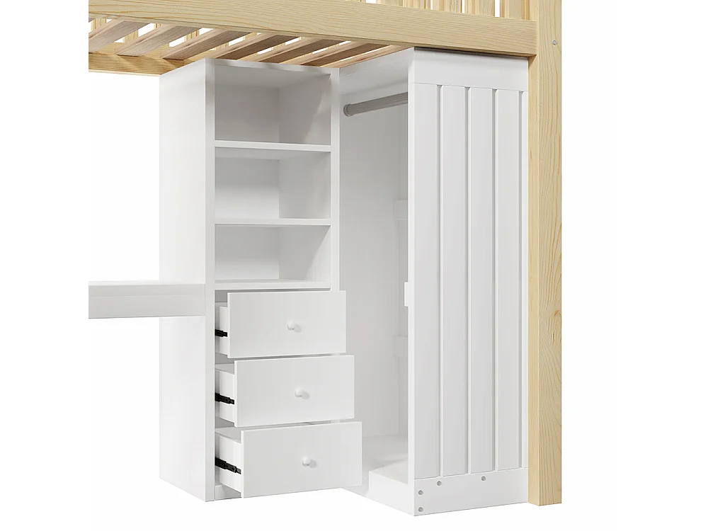 Lit Mezzanine 1 Place 90x200cm avec Bureau, Armoire, 3 tiroirs et rangement ouvert, Design de clôture haute, Cadre de lit en pin, Naturel