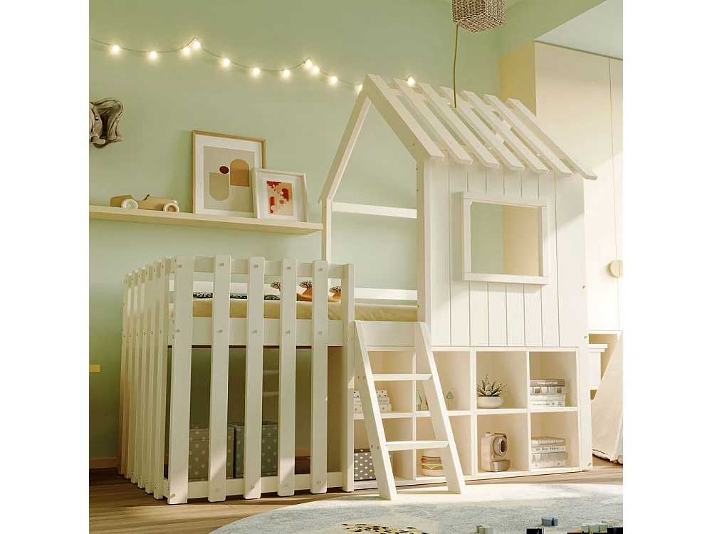 Lit mezzanine cabane 90x200 cm enfant - toit et fenêtres - espace de rangement ouvert - échelle d'escalade - bois massif de pin - blanc
