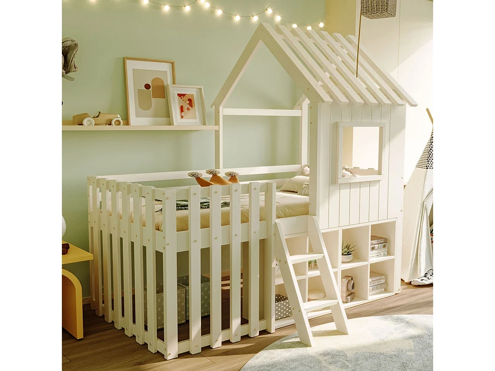 Lit mezzanine cabane 90x200 cm enfant - toit et fenêtres - espace de rangement ouvert - échelle d'escalade - bois massif de pin - blanc