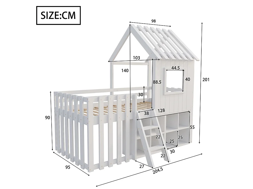 Lit mezzanine cabane 90x200 cm enfant - toit et fenêtres - espace de rangement ouvert - échelle d'escalade - bois massif de pin - blanc