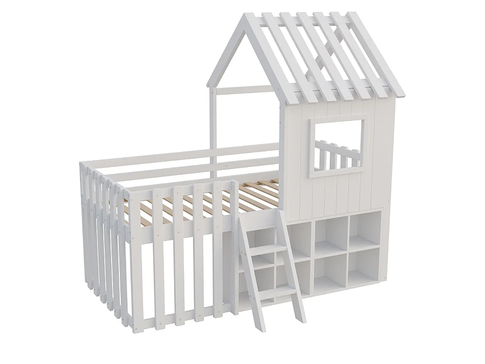 Lit mezzanine cabane 90x200 cm enfant - toit et fenêtres - espace de rangement ouvert - échelle d'escalade - bois massif de pin - blanc