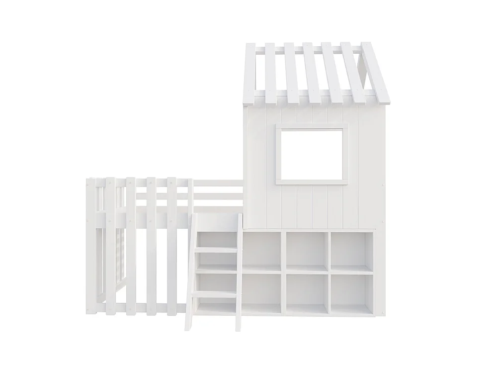 Lit mezzanine cabane 90x200 cm enfant - toit et fenêtres - espace de rangement ouvert - échelle d'escalade - bois massif de pin - blanc