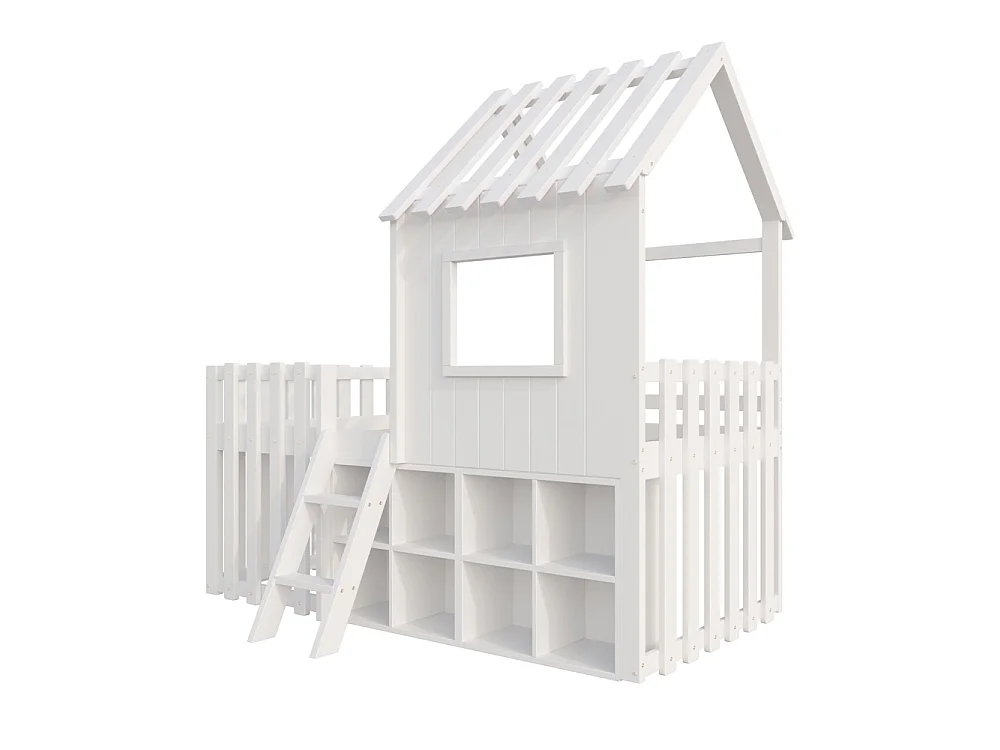 Lit mezzanine cabane 90x200 cm enfant - toit et fenêtres - espace de rangement ouvert - échelle d'escalade - bois massif de pin - blanc