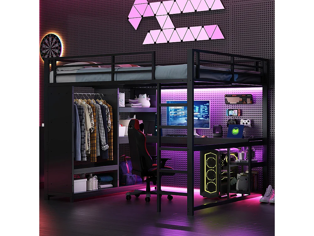 Lit mezzanine gaming en métal 160 x 200 cm avec éclairage LED, bureau, armoire ouverte et étagères, ports USB, noir