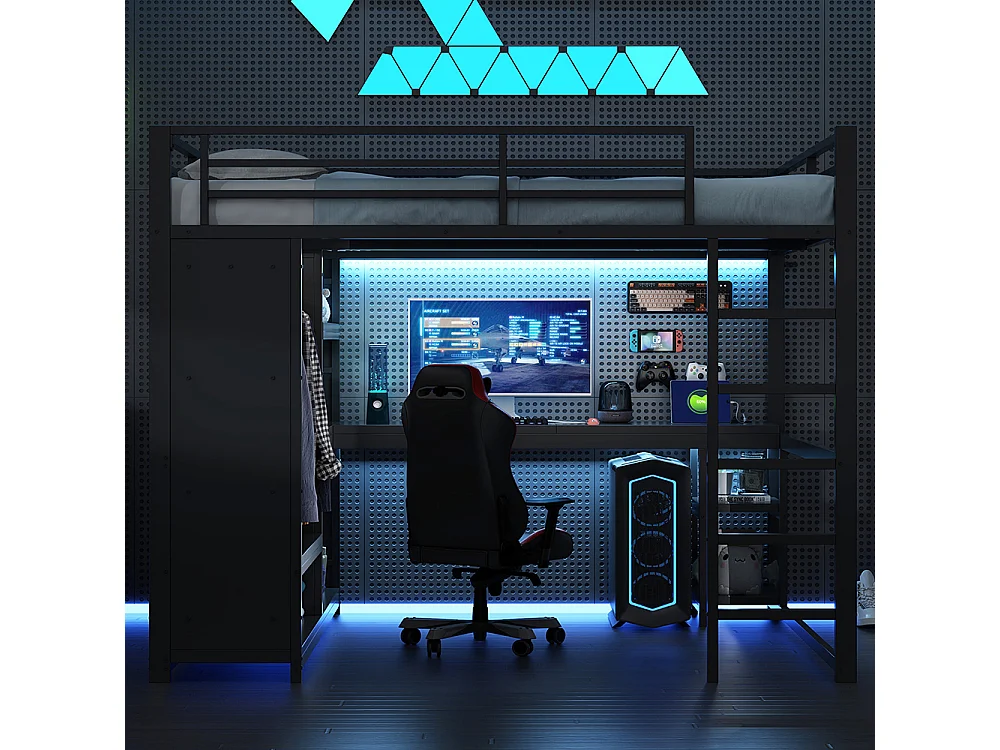 Lit mezzanine gaming en métal 160 x 200 cm avec éclairage LED, bureau, armoire ouverte et étagères, ports USB, noir