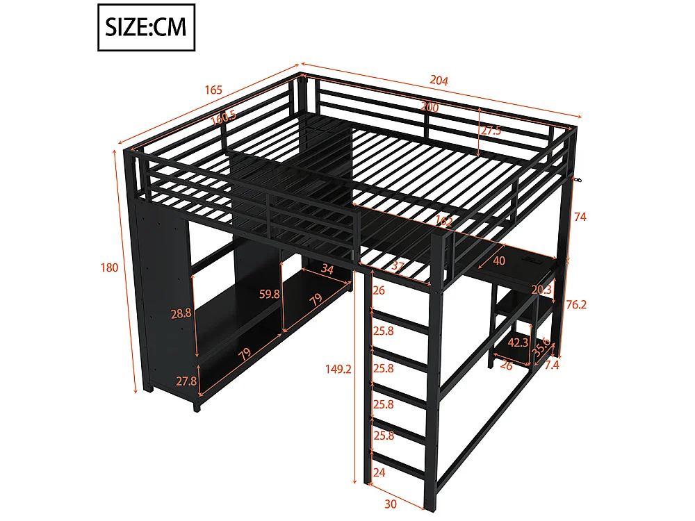 Lit mezzanine gaming en métal 160 x 200 cm avec éclairage LED, bureau, armoire ouverte et étagères, ports USB, noir