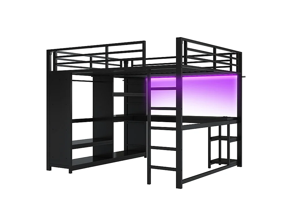 Lit mezzanine gaming en métal 160 x 200 cm avec éclairage LED, bureau, armoire ouverte et étagères, ports USB, noir
