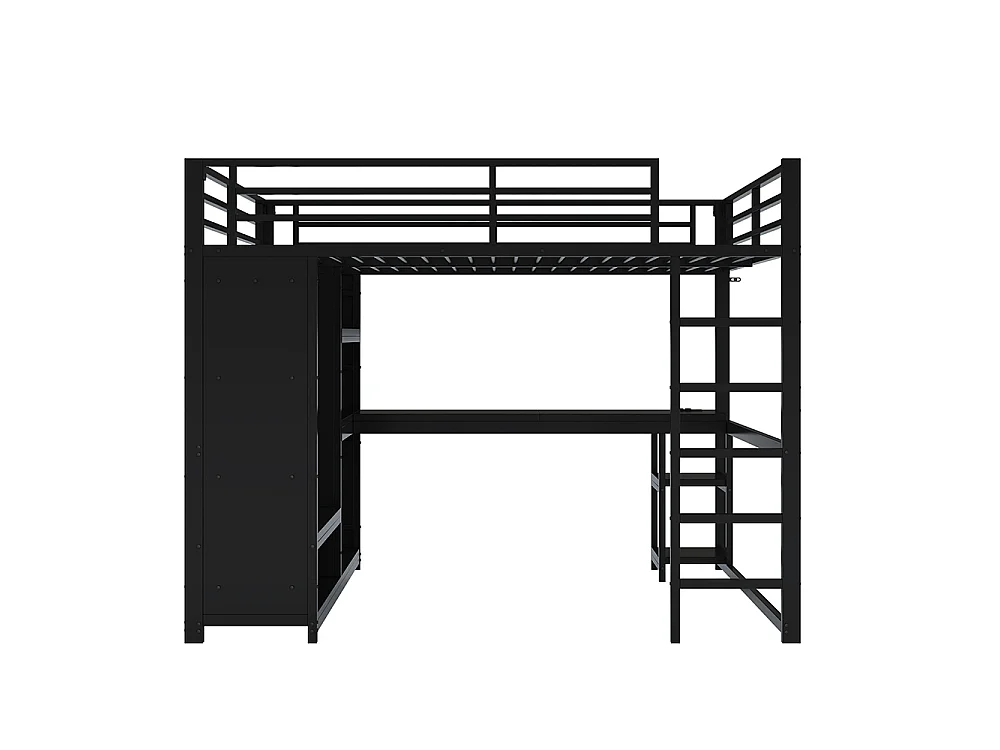 Lit mezzanine gaming en métal 160 x 200 cm avec éclairage LED, bureau, armoire ouverte et étagères, ports USB, noir
