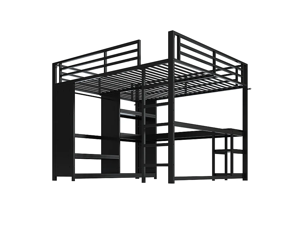 Lit mezzanine gaming en métal 160 x 200 cm avec éclairage LED, bureau, armoire ouverte et étagères, ports USB, noir