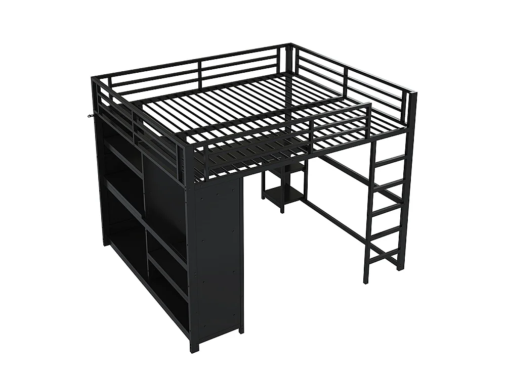 Lit mezzanine gaming en métal 160 x 200 cm avec éclairage LED, bureau, armoire ouverte et étagères, ports USB, noir