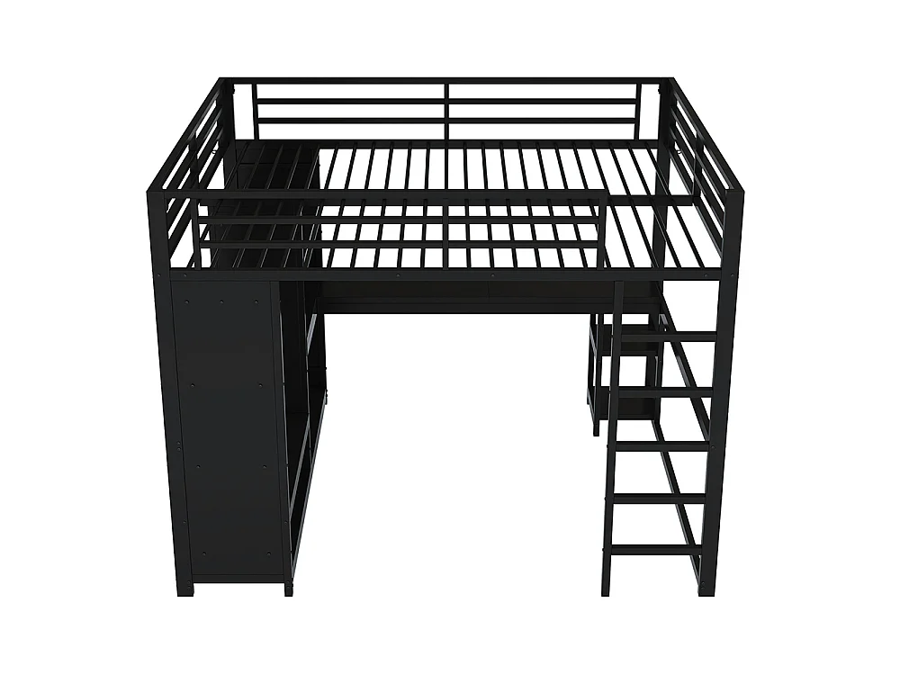 Lit mezzanine gaming en métal 160 x 200 cm avec éclairage LED, bureau, armoire ouverte et étagères, ports USB, noir