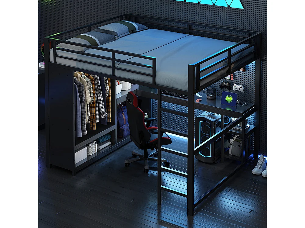 Lit mezzanine gaming en métal 160 x 200 cm avec éclairage LED, bureau, armoire ouverte et étagères, ports USB, noir