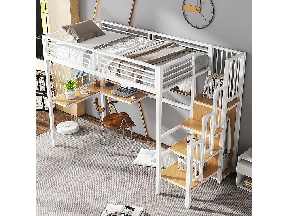 Lit mezzanine 90 x 200 cm, avec table et armoire, échelle latérale avec main courante, métal + panneau de particules, blanc