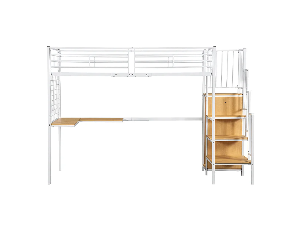 Lit mezzanine 90 x 200 cm, avec table et armoire, échelle latérale avec main courante, métal + panneau de particules, blanc