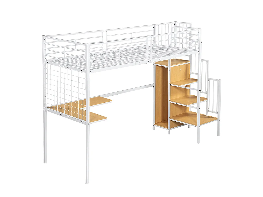 Lit mezzanine 90 x 200 cm, avec table et armoire, échelle latérale avec main courante, métal + panneau de particules, blanc