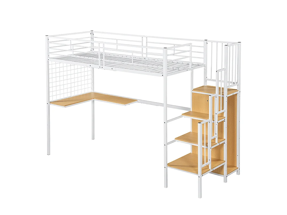Lit mezzanine 90 x 200 cm, avec table et armoire, échelle latérale avec main courante, métal + panneau de particules, blanc