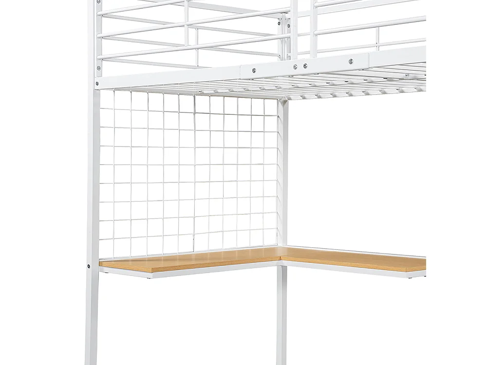 Lit mezzanine 90 x 200 cm, avec table et armoire, échelle latérale avec main courante, métal + panneau de particules, blanc