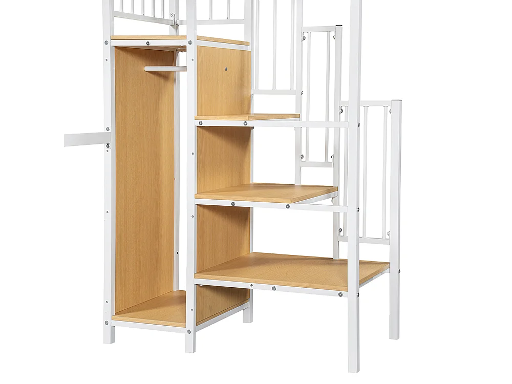 Lit mezzanine 90 x 200 cm, avec table et armoire, échelle latérale avec main courante, métal + panneau de particules, blanc