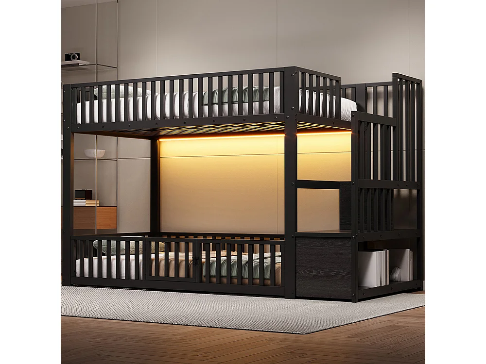 Lit mezzanine 90x200 cm, Lit superposé enfant avec escalier de rangement, Lumières LED, Protection anti-chute et porte, Métal, Noir