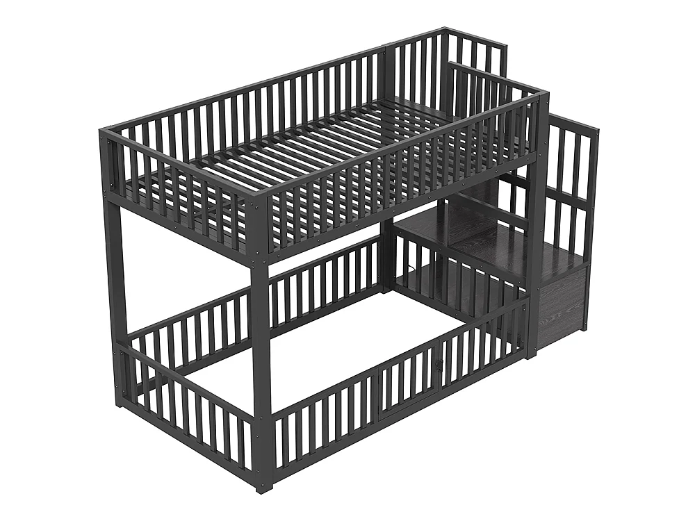 Lit mezzanine 90x200 cm, Lit superposé enfant avec escalier de rangement, Lumières LED, Protection anti-chute et porte, Métal, Noir